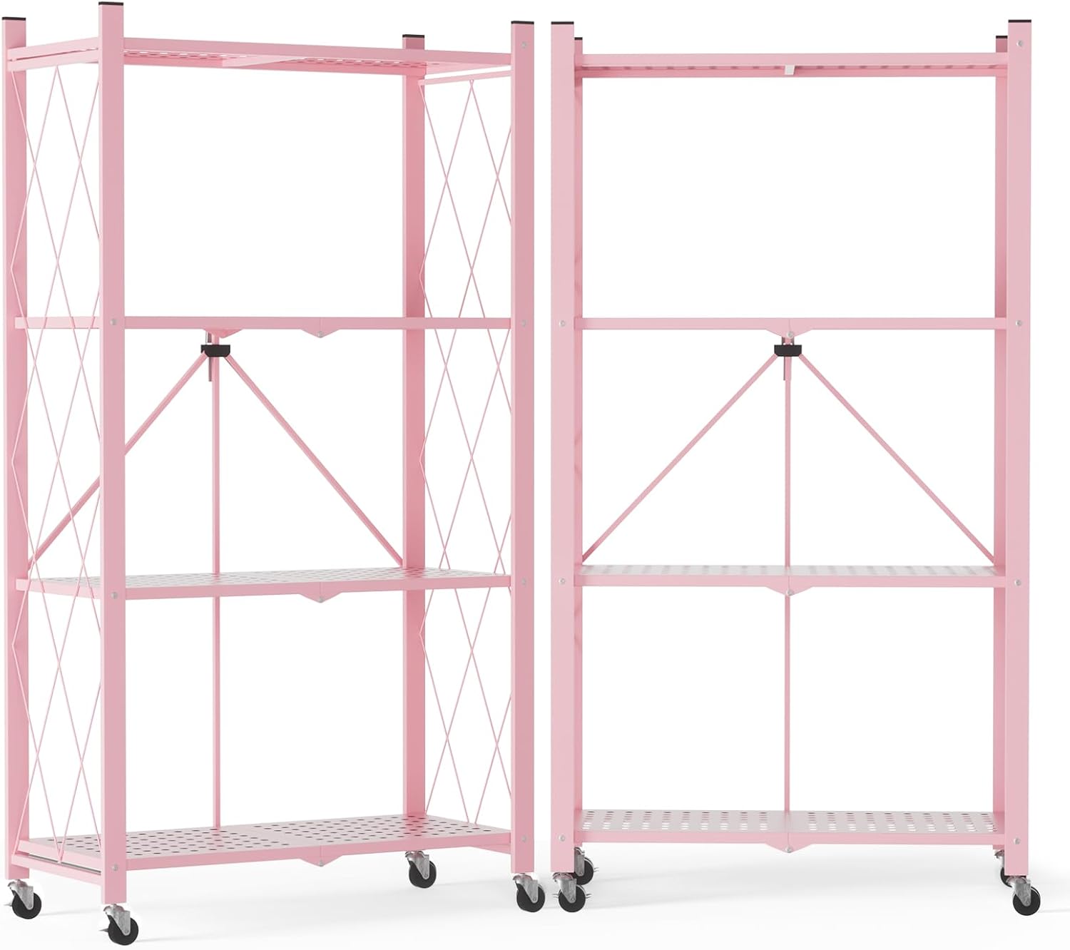 ALANNG Heavy Duty 4-Tier Folding Shelf with Wheels, No Tools Assembly Metal Storage Rack Cart, 264LBS Capacity for Kitchen, Pantry, Laundry Room, Garage, (Pink, 2PACK)