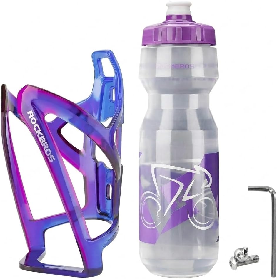 ROCKBROS Soporte para botella de agua para bicicleta y botella de agua exprimible para bicicleta de 20 oz a 25 oz, portabotellas ultraligeros para bicicleta con herramienta de tornillos, botella de agua para ciclismo sin BPA para bicicletas MTB y de carretera