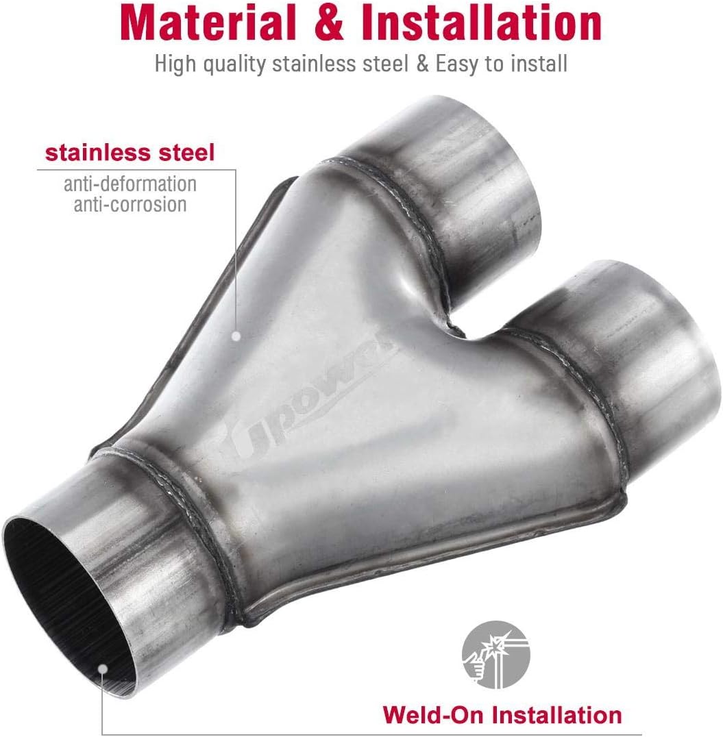 Upower Exhaust Y pipe 3" Inlet 2.5" Outlet Weld-on Dual Exhaust Pipe 10" Long Stainless Steel Tip