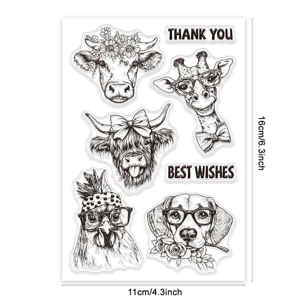 Funny Farm Animal Clear Stamps – Giraffe, Cow, Dog, Chicken – For Card Making & Scrapbooking