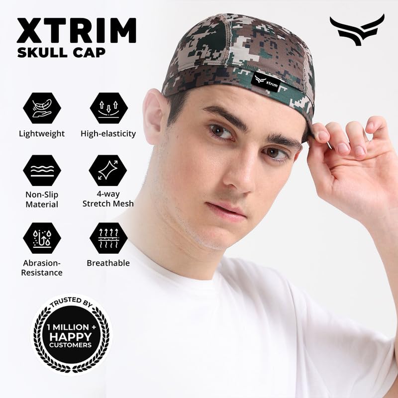 Image of XTRIM Unisex Helmet Skull Cap for Bikers & Cyclists, Cotton Head Cap, Hair Inner Helmet Cap for Men, Sweat Cooling Beanie Cap for Men for Women, Skull Mask for Summer, Bike Accessories (Camo Green)