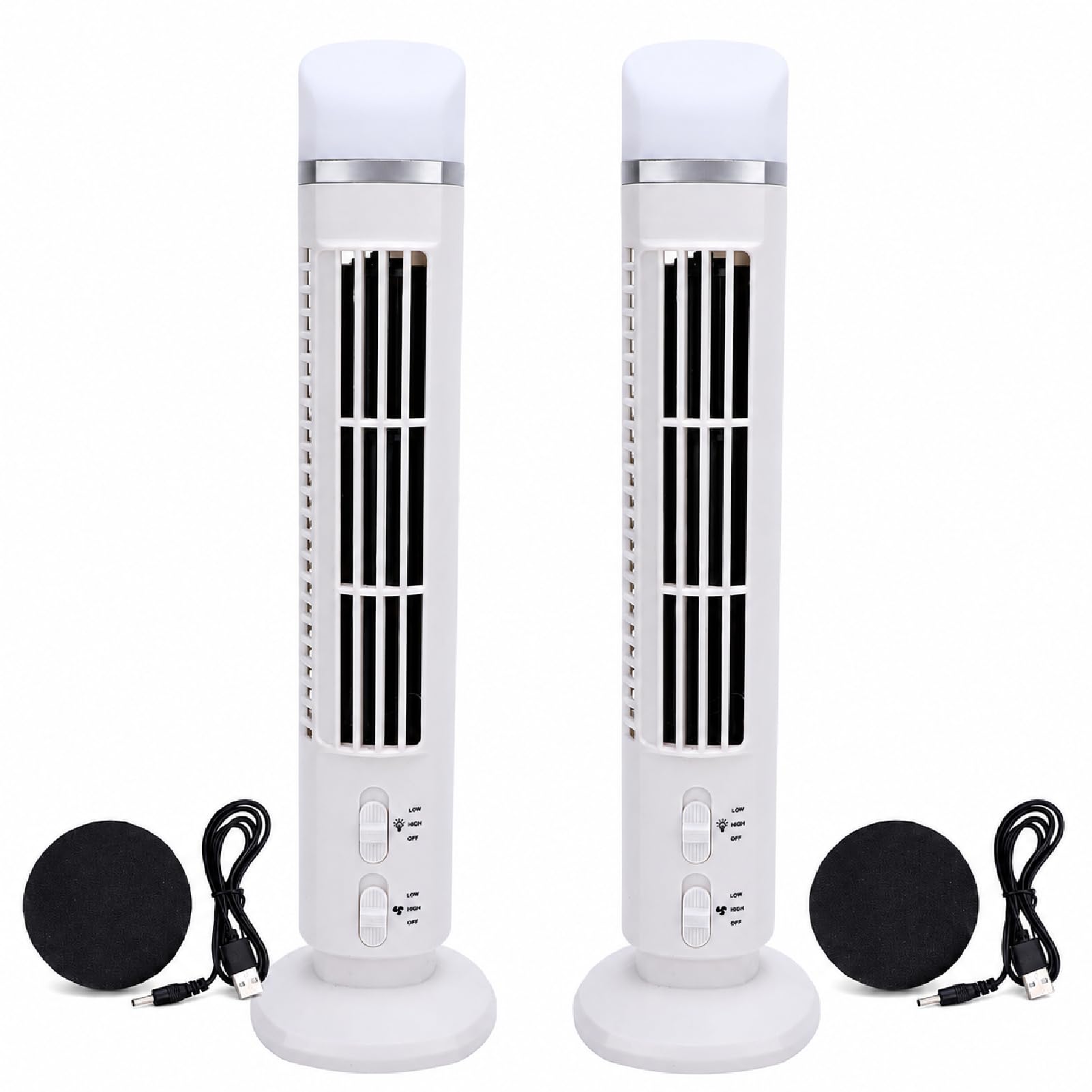 HERCHR 2 ventole a torre senza pale, ventilatore a torre portatile con illuminazione a LED, che emette aria fredda, porta USB, ideale per camera da letto, casa e ufficio (bianco)