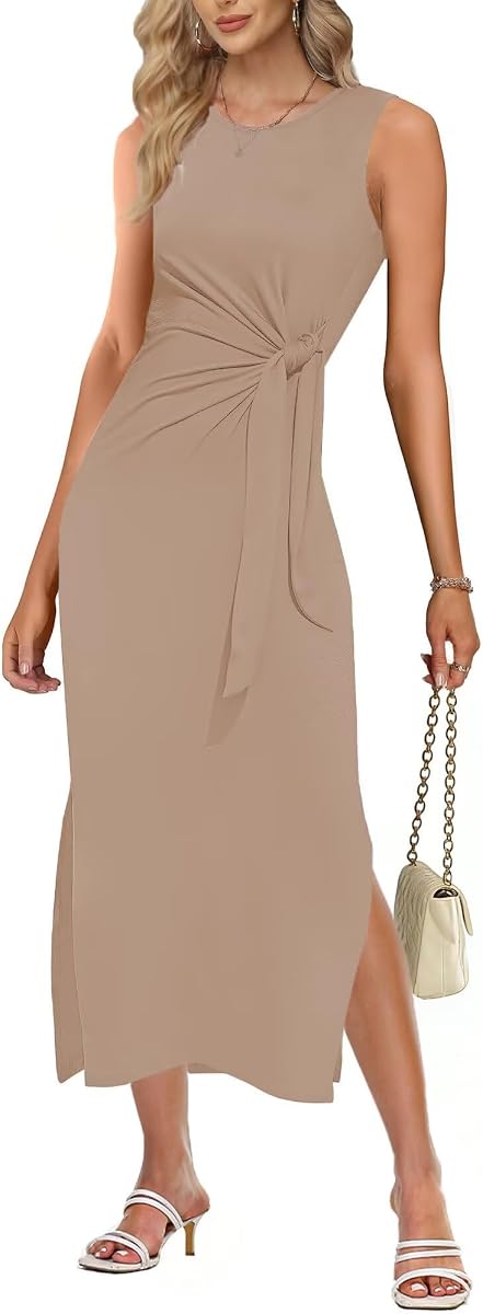 Tanmolo Kleid Damen Sommer Figurbetontes Midi Sommerkleid mit Gürtel und Schlitz Atmungsaktiv Elegant Freizeitkleid
