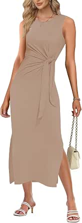 Tanmolo Kleid Damen Sommer Figurbetontes Midi Sommerkleid mit Gürtel und Schlitz Atmungsaktiv Elegant Freizeitkleid