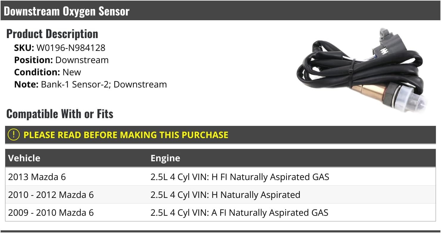 Downstream Oxygen Sensor - Compatible with 2009-2013 Mazda 6 2.5L 4-Cylinder