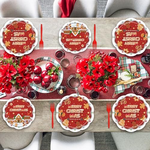 96 Pieces Christmas Gingerbread Tableware Set – Red Merry Christmas Disposable Plates, Napkins, and Forks with Gingerbread House and Cookie Designs for Holiday Dinners and Celebrations – Serves 24 – Image 4