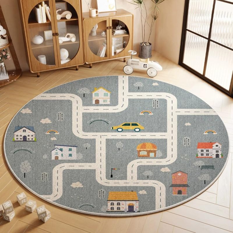 Alfombra redonda infantil lavable de 140cm gris de pelo corto antideslizante