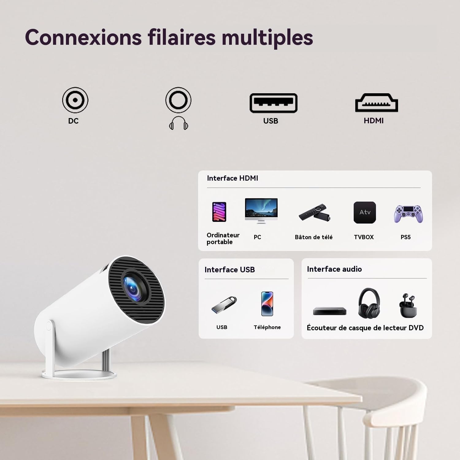 Vidéoprojecteur Portable WiFi/Bluetooth, Projecteur 4K Compatible 1080P Natif 180° Rotation Keystone Auto pour Home Cinéma Extérieur