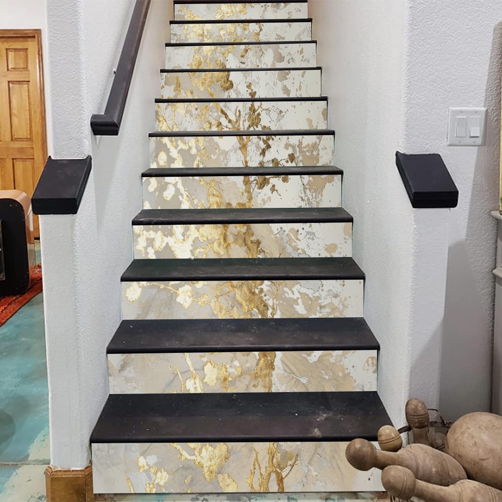 Abstract Modern Gold Ivory Peel and Stick Vinyl Stair Riser Decals Staircase Tile Stickers Art Modern Decoration Self-Adhesive Home Decor Stair Decals (14 Pcs)