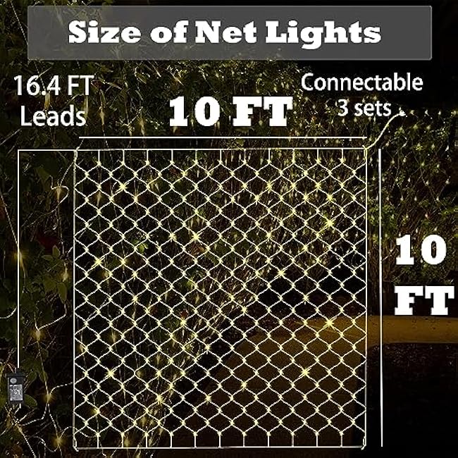 Leisure world 10ft x 10ft LED Net Lights Mesh Fairy String Decorative Outdoor Warm White 8 Modes Connectable 270 Net with Remote, Timer for Wedding Christmas Trees, Bushes, Garden, Outdoor Decorations