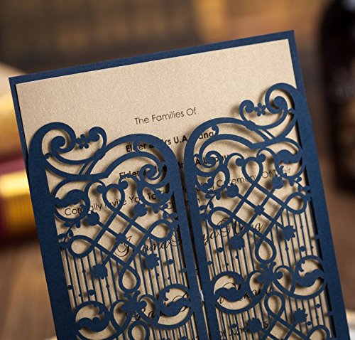 Wishmade 50 Navy Blue Elegant Laser Cut Gate Fold Design Wedding Engagement Invitation Kits Cards Stock, For Bridal Shower Graduation Party Quinceanera Dinner Party With Envelope Cw5102 #TOP3
