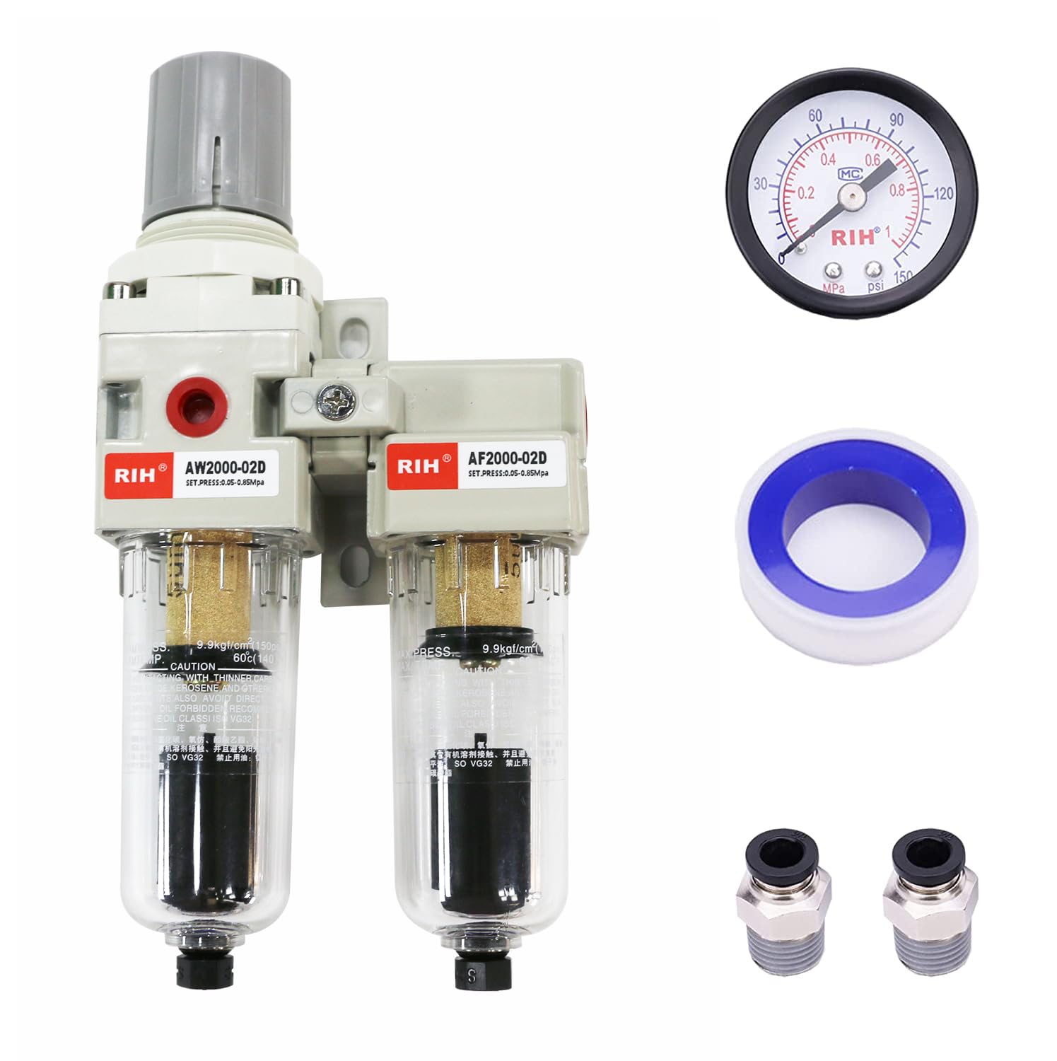 RIH Pneumatics AC2011-02D - Filtro y regulador doble de aire comprimido NPT de 1/4 pulgadas, sistema de secado de aire, separador de agua de compresor de aire, cuenco de polietileno, calibre de 0-150