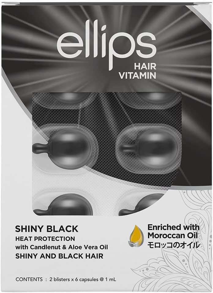 Ellips Hair Serum Shiny Black With Moroccan Argan Oil, Candle Nut and Aloe Vera for Intensifying Hair's Natural Color and Nourish Shine (Instant Effects) 12ml Travel Pack