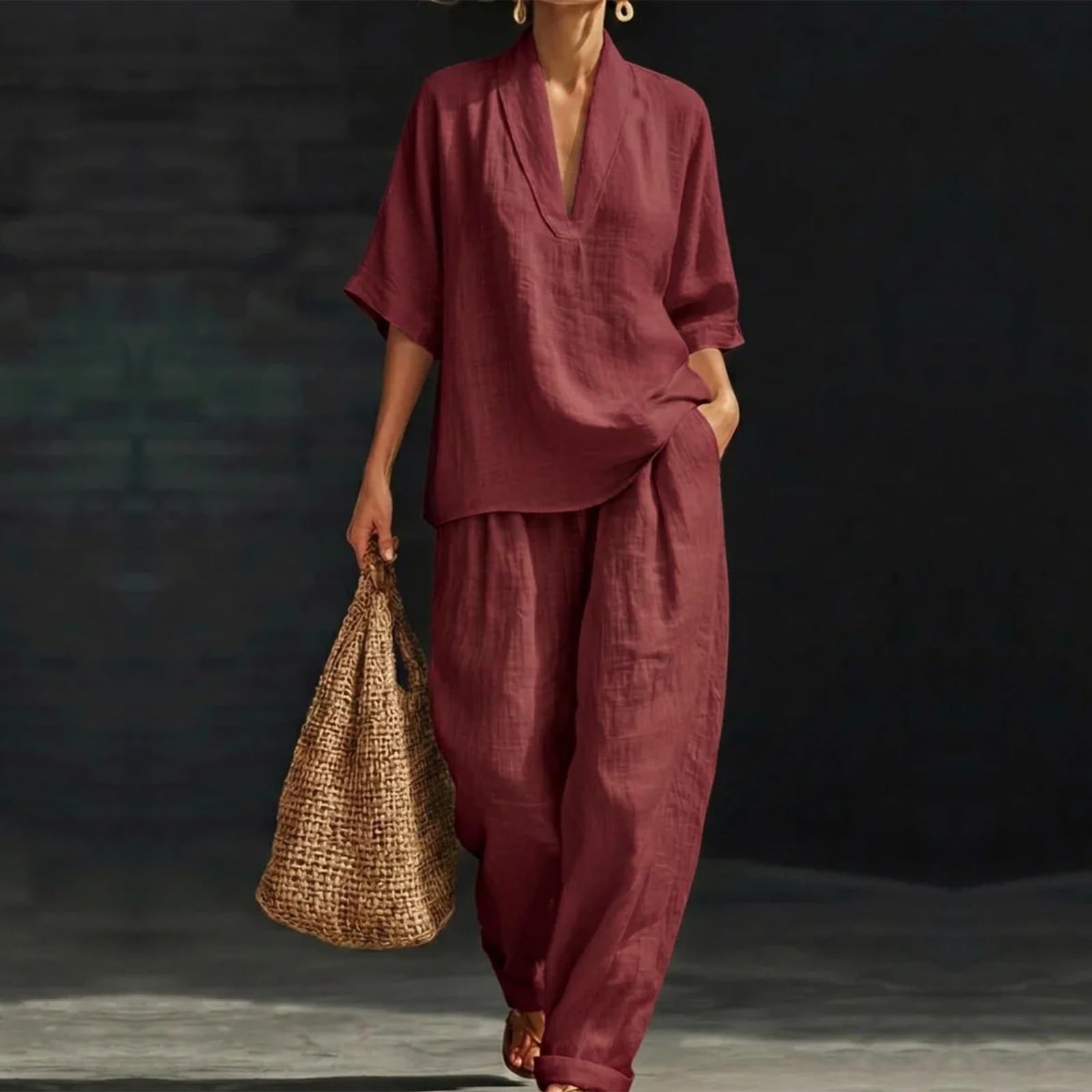 Zweiteiler Damen Sommer Leinen Outfit Hosenanzug Elegant Musselin Set Casual V-Ausschnitt Oberteil und Weite Hose mit Taschen Baumwolle Freizeitanzug Lounge Kleidung
