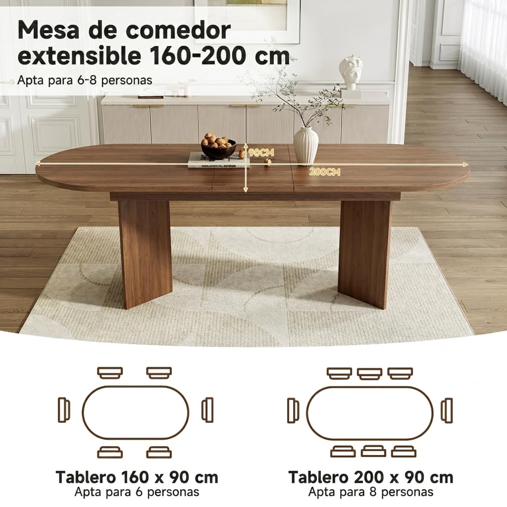 Tavolo da pranzo rotondo allungabile, 160/200 x 90 x 75 cm, tavolo da pranzo allungabile, ovale, tavolo da pranzo, tavolo da pranzo, tavolo da cucina, per 6-8 persone, per cucina, soggiorno (colore