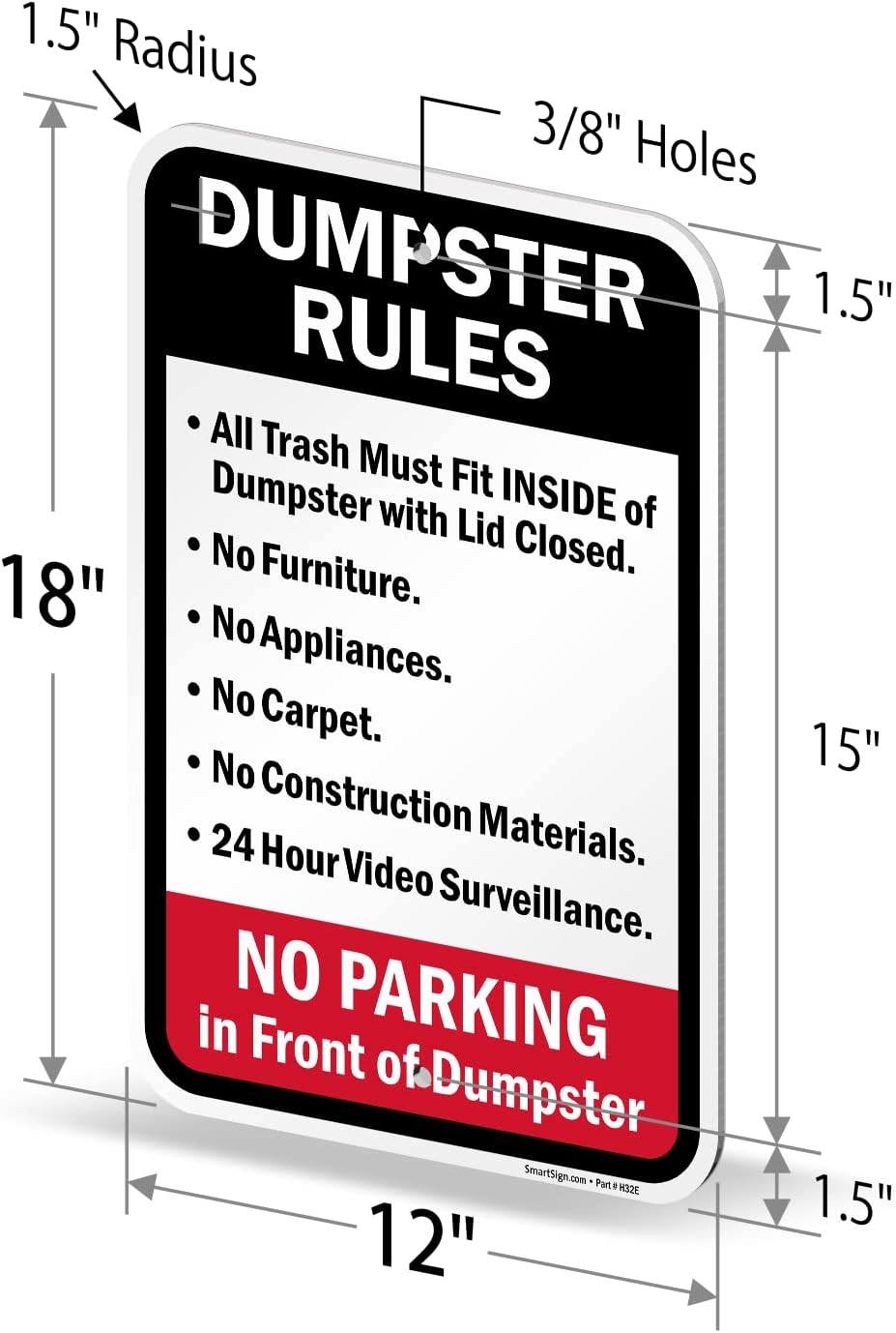 SmartSign 18 x 12 inch “Dumpster Rules - No Parking In Front Of Dumpster” Metal Sign, 120 mil Aluminum Composite (ACM), Engineer Grade Reflective Material, Red, Black and White, Made in USA