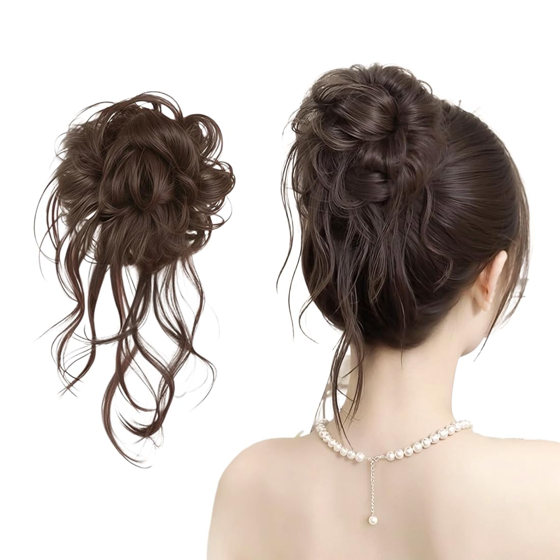 Chignon Postiche Cheveux, Bouclés Ondulés Extensions Chouchou Postiche Cheveux, Faux Chignon Elastique pour Femmes Fille, Brun Clair