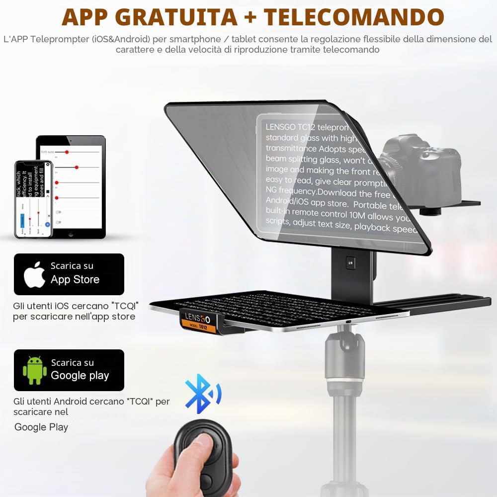 LENSGO TC12 Teleprompter per fotocamera e tablet DSLR/mirrorless fino a 12,9" | Teleprompter professionale per registrazioni video, vlogging, live streaming.