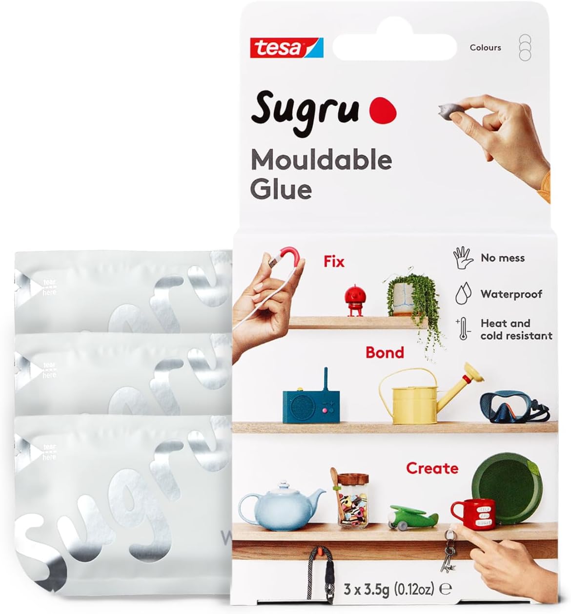 Sugru Silicone Super Glue - Waterproof All-Purpose Wall Putty + Moldable Glue for Crafting + DIY Home Improvement - Removable + Kid-Safe - Indoor/Outdoor Use - 3 Pack - White (3.5g/ea)