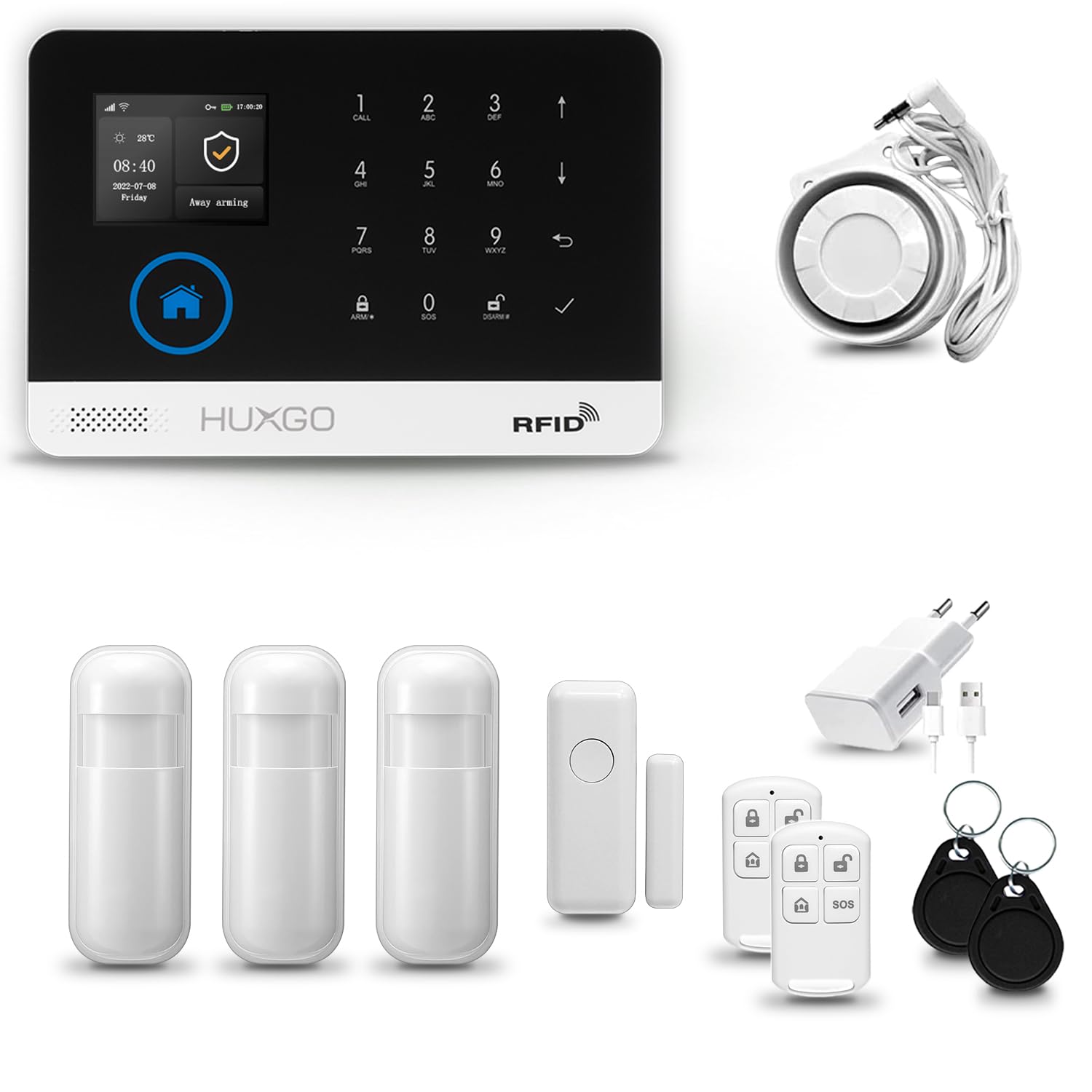 HXA003 WiFi + GSM Home Alarm System with Siren | Home Alarm Kit with 3 x PIR Motion Sensors, 1 x Door/Window Sensor | Control From Phone