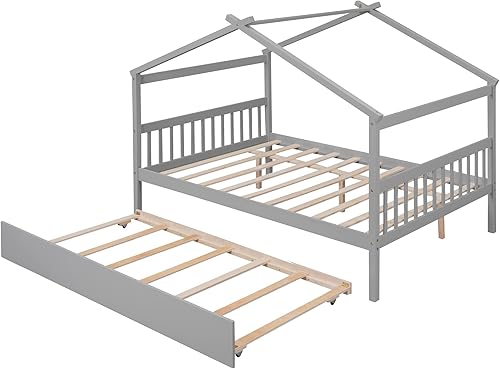 Miniatura 50 de Merax Cama de madera de tamaño individual con dos cajones, marco de cama de madera con techo para niños, adolescentes, niños o niñas, gris