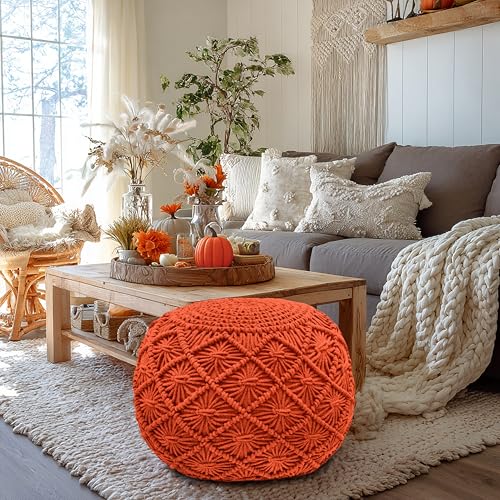 COTTON CRAFT Macrame Braided Pouf - Knitted Cotton Cord Comfortable Round Dori Pouf - Prefilled Ottoman Footrest Bean Bag - Stuffed Boho Moroccan Accent Seating - Nursery Bedroom Dorm - 20x14 - Orange