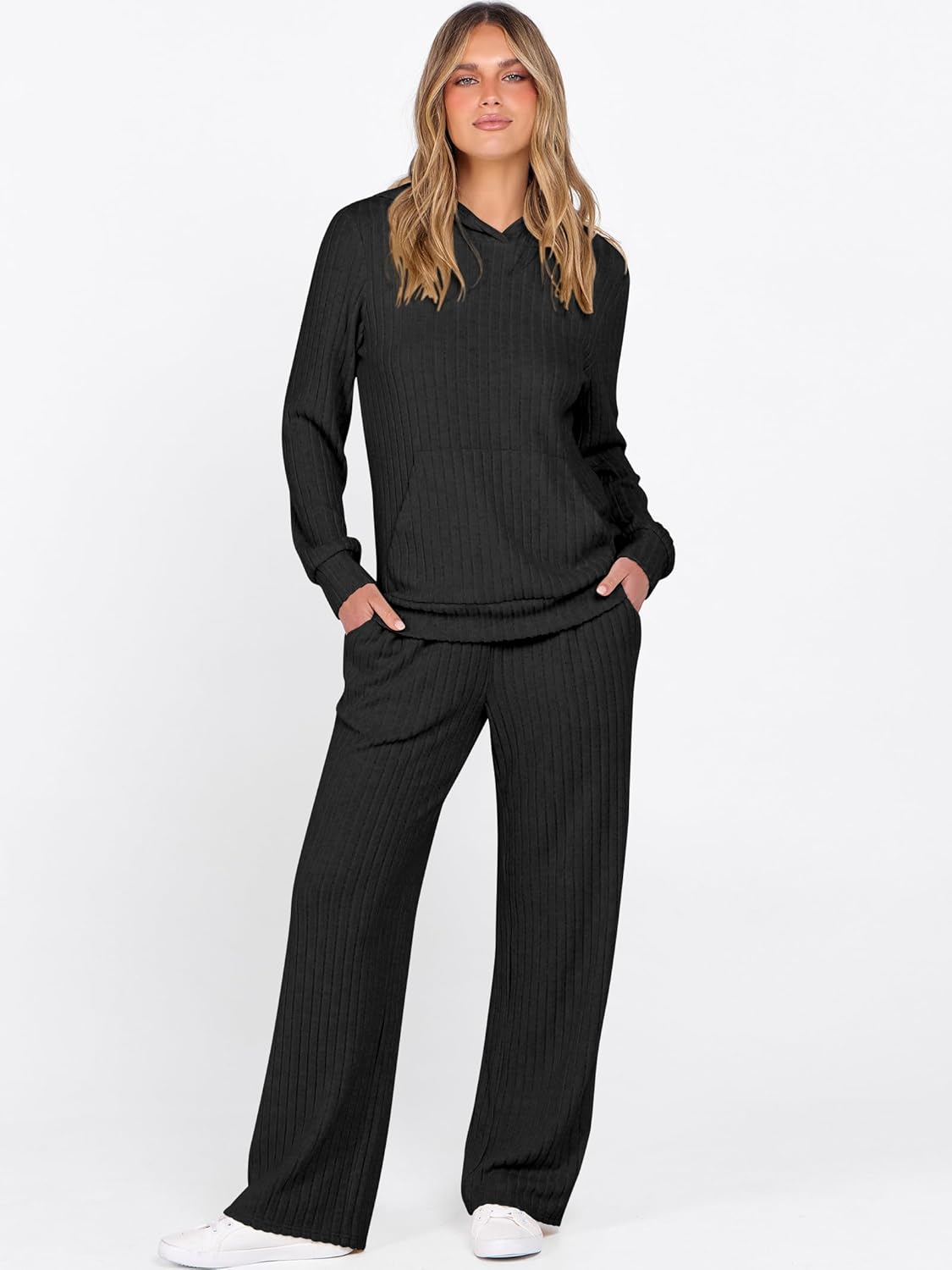 ANRABESS Women's 2 Piece Lounge Pajama Sets Ribbed Knit Long Sleeve Hoodies Tops Matching Pants Casual Fall Sleepwear Outfits - Image 2