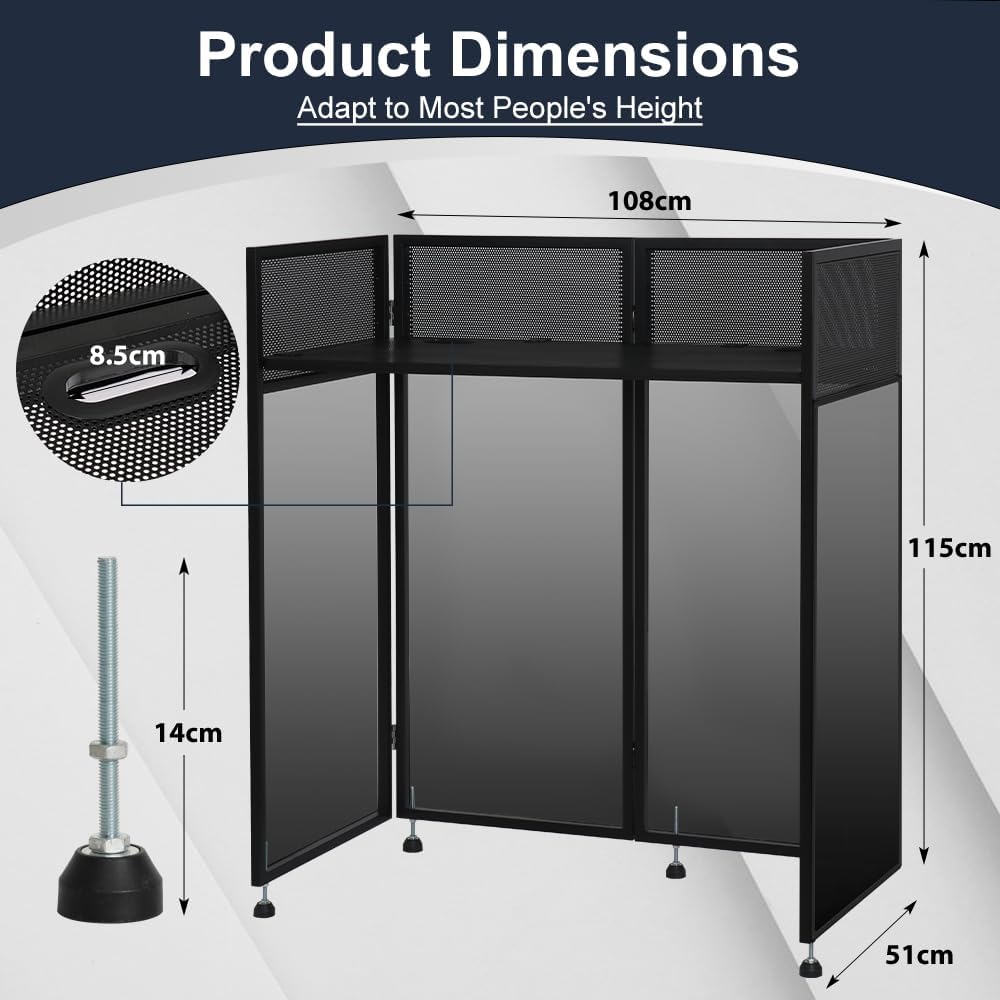 Kokorona Cabine DJ portable 108 x 51 x 115 cm, cabine DJ avec scrims noirs et blancs, cabine DJ pliable réglable pour fête, station de table DJ avec trou de câble, cadre en métal noir + sac de