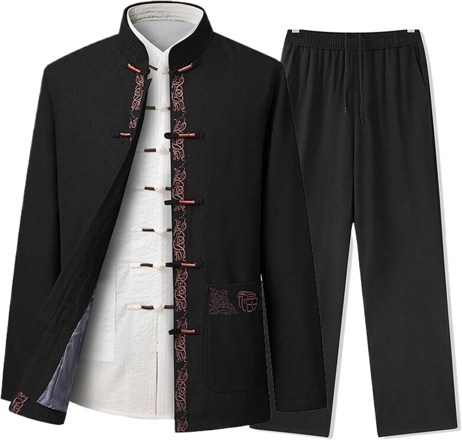 Men's Mandarin Collar Embroidered Tang Suit 2-Piece Set