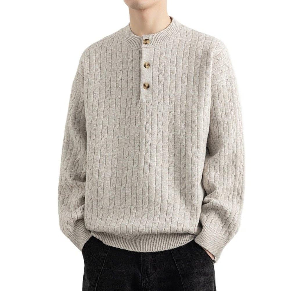 Pull Décontracté En Tricot Texturé À Col Boutonné Pour Homme Couleur Unie Manches Longues Ample