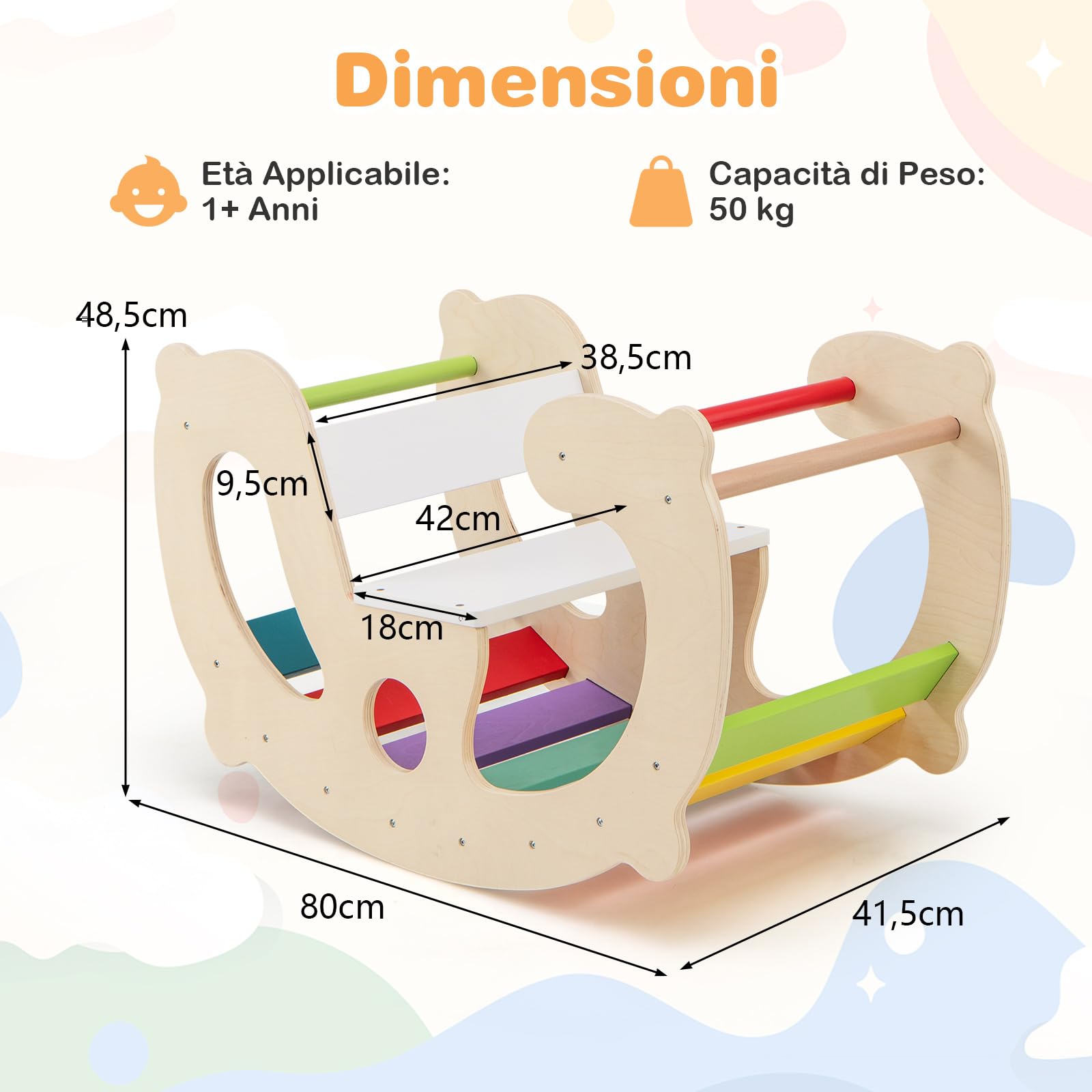 COSTWAY 2 in 1 Arco da Arrampicata per Bambini, Arrampicata ad Arco con Dondolo Schienale e Sedile, Cavallo a Dondolo in Legno per Bambini 1 Anni +