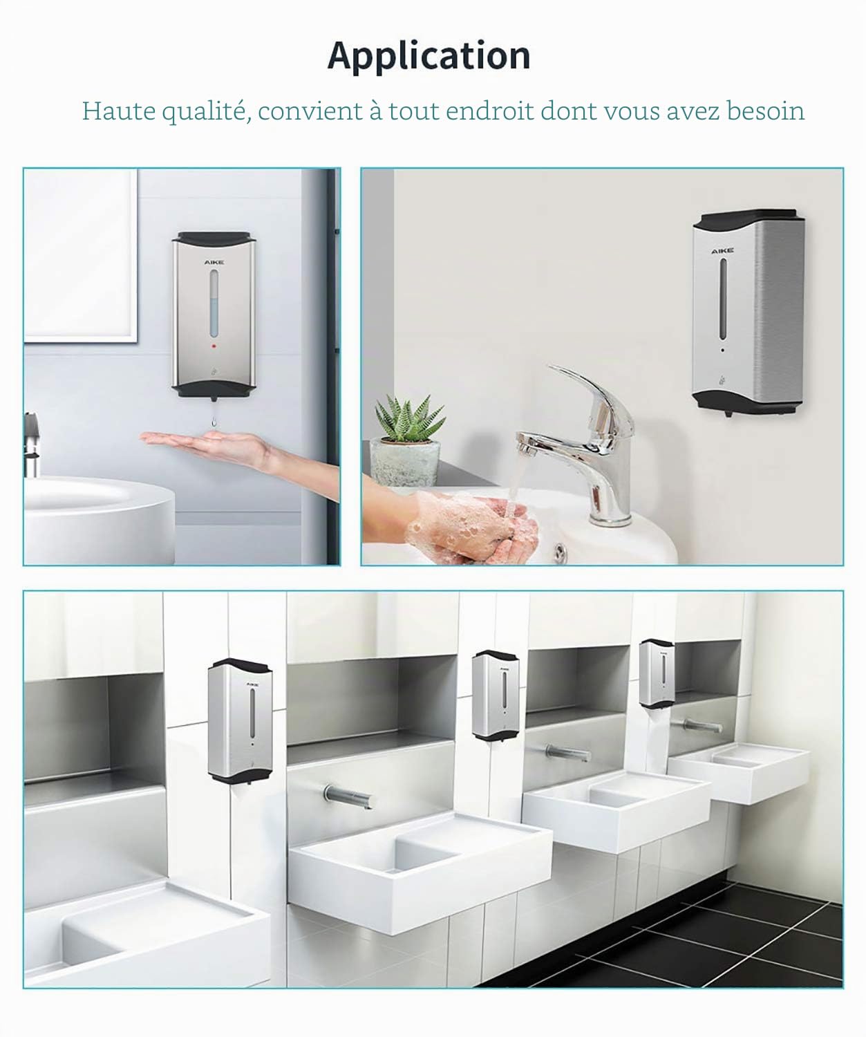 AIKE Distributeur de Savon Liquide Automatique Commercial Mural, 1100 ML en Acier Inoxydable, pour Toilettes, Salles de Bain et Cuisines, AK1206 (Poli)