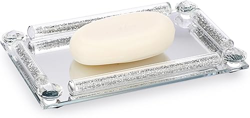 Sumnacon Jabonera de cristal con espejo, barra de jabón brillante para encimera, soporte de jabón plateado con diamantes triturados para baño,
