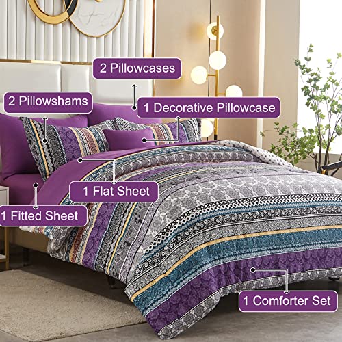 Image of Cottolester Boho Comforter Set King Size 8 Piece Bed in a Bag Bohemian Striped Bedding Quilt Set Purple Paisley Floral Comforter and Sheet Set,Soft Microfiber Complete Bedding Sets for All Season