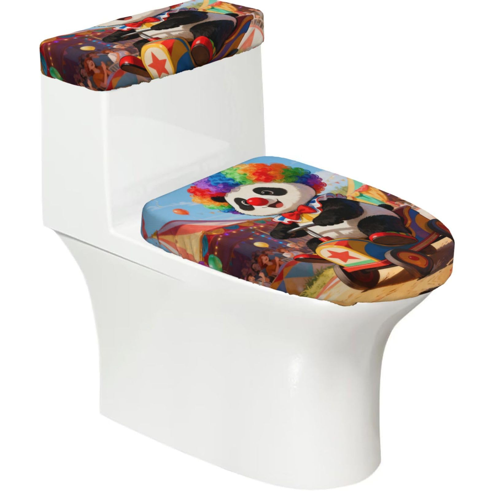 Panda Clown Elastic Toilet Cover Set of 2-Stretchy Lid and Tank Covers for Bathroom, Soft Washable U Shape Toilet Decor