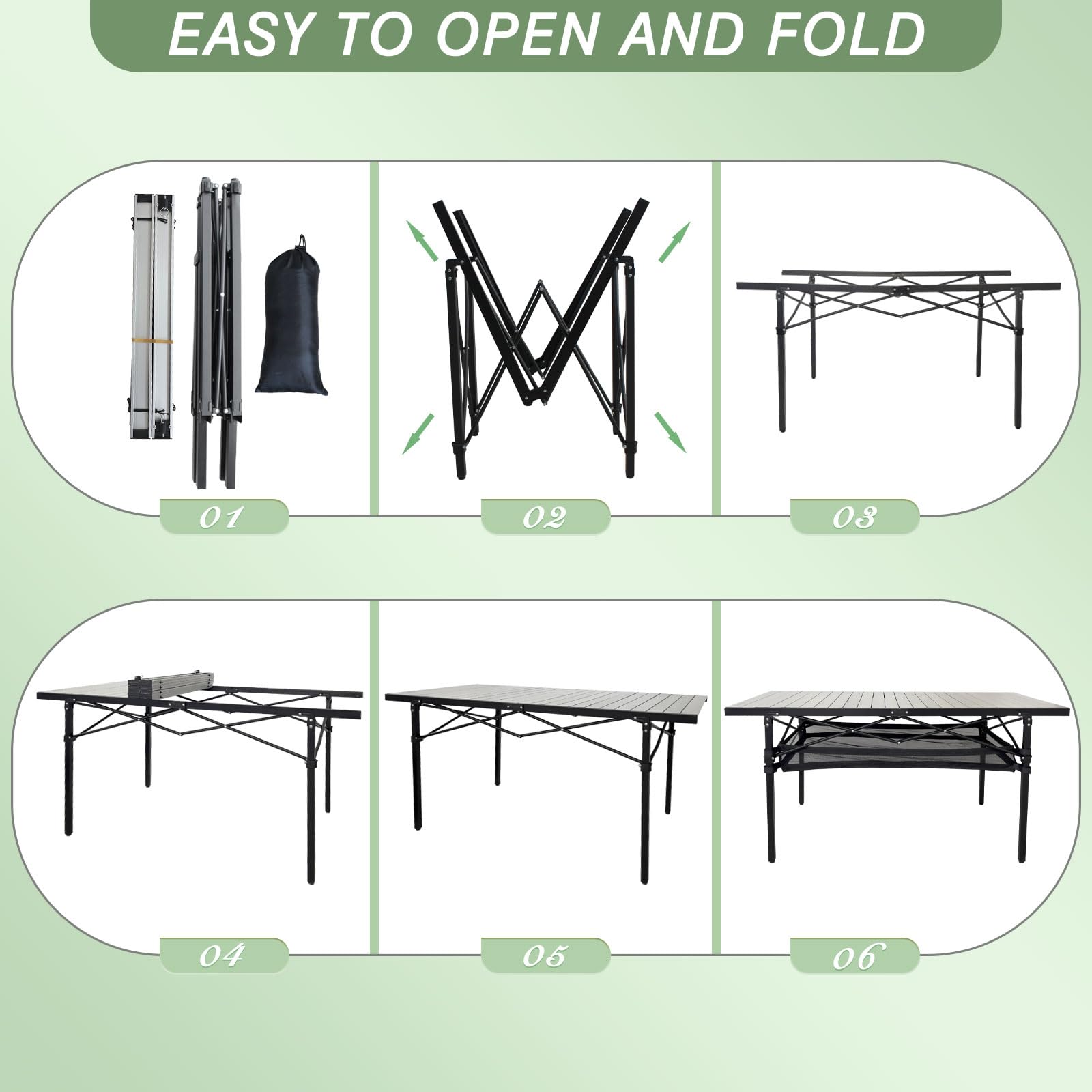 Duży aluminiowy składany stół kempingowy z miejscem do przechowywania, 137 x 60 cm, dla 4-6 osób, wysoki, przenośny, zwijany, lekki, z torbą do przenoszenia, na piknik, grill, podwórko, plażę