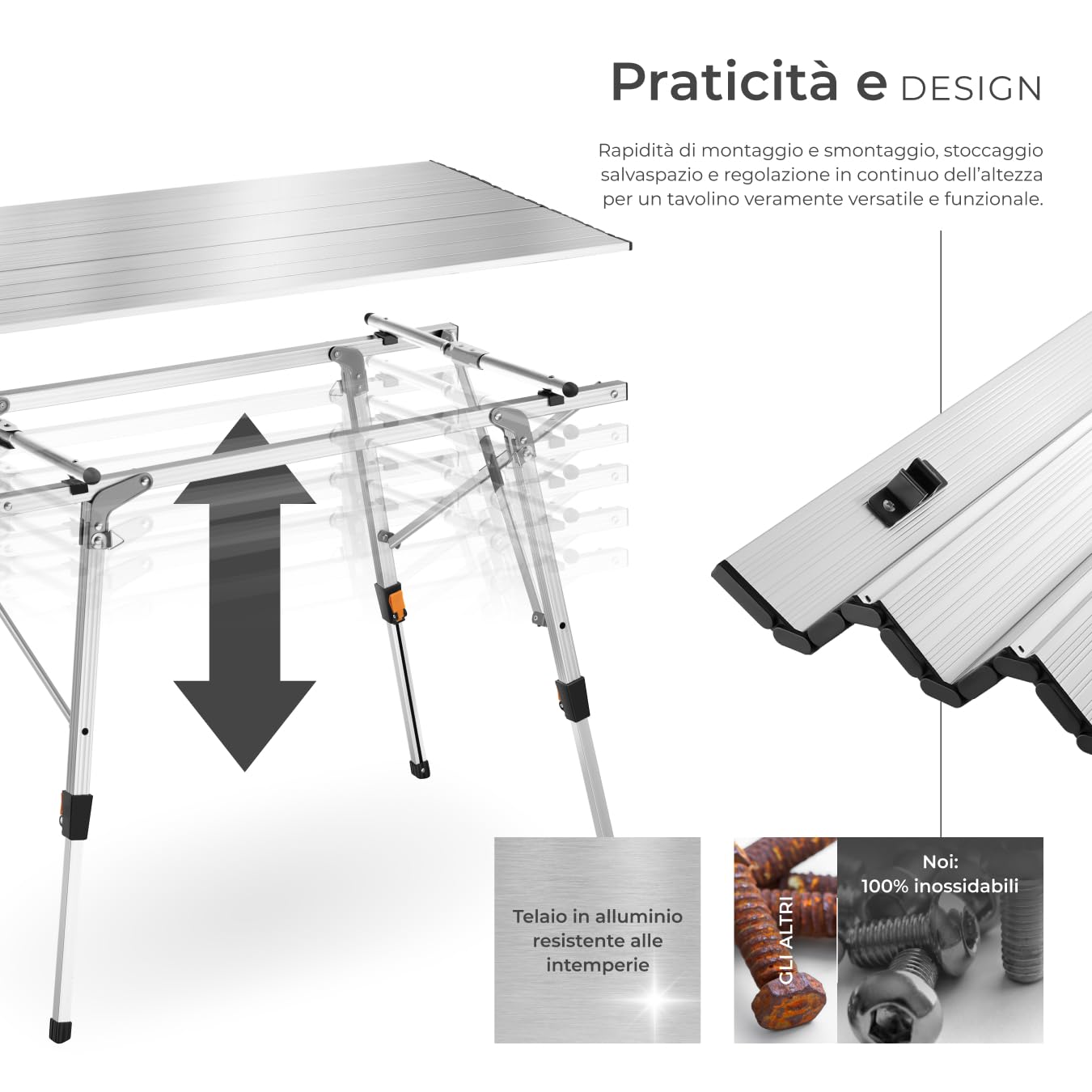 tectake® Tavolo da Campeggio in Alluminio Pieghevole Tina, Regolabile in Altezza, Cappucci in Plastica Antigraffio, Tavolo, Alluminio, Tavolo da Esterno, Campeggio - Argento