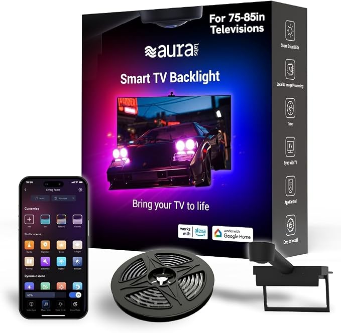Aura TV Backlight for 70-85 inch TVs | Color-Sync Technology | Multi-Color LED RGBMC Lights | Wi-Fi | App Controlled | AI Sync Sensor | Immersive Viewing Experience | Ambient Light