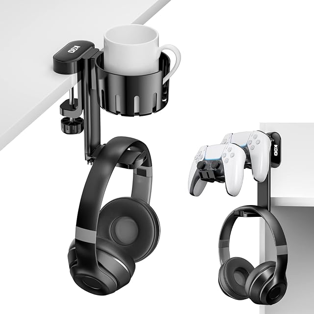KDD Rotatable Headphone Hanger - 3 in 1 Under Desk Clamp Controller Stand Replaceable Cup Holder - Compatible with Universal Headset, Controller, Cup
