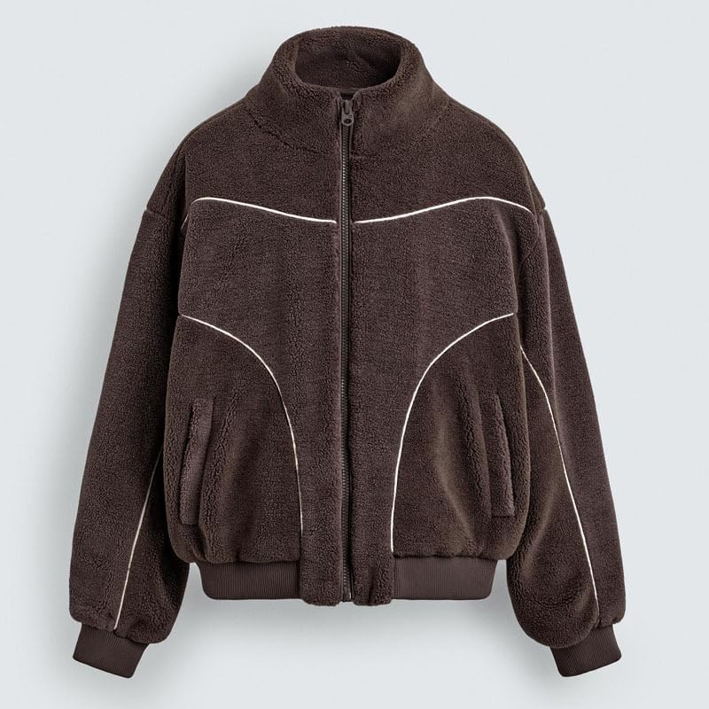 Men's Zip up fleece Jacket y2k Color blocked Stand up Collar Outdoor Fuzzy Jacket Trendy Warm Outdoor Winter Coat