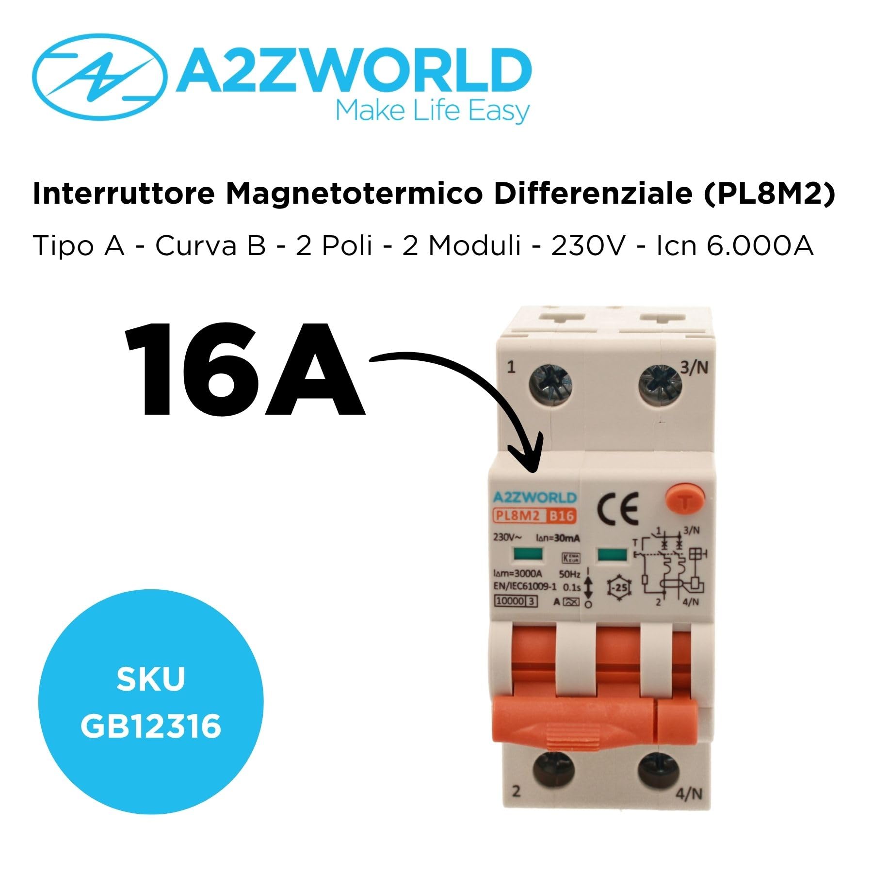 Magnetothermischer Differentialschalter Typ A 16A B16, RCBO Bipolar 2P True (NO 1P+N), Kurve B 6kA 30mA, Doppelhebel mit visueller Diagnose, 2 DIN-Module, Serie PL8M2