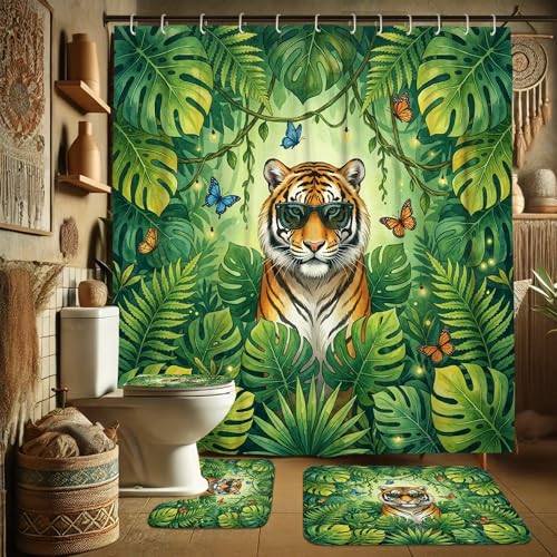 Rideau de douche anti-moisissure tigre et feuilles vertes 183x183