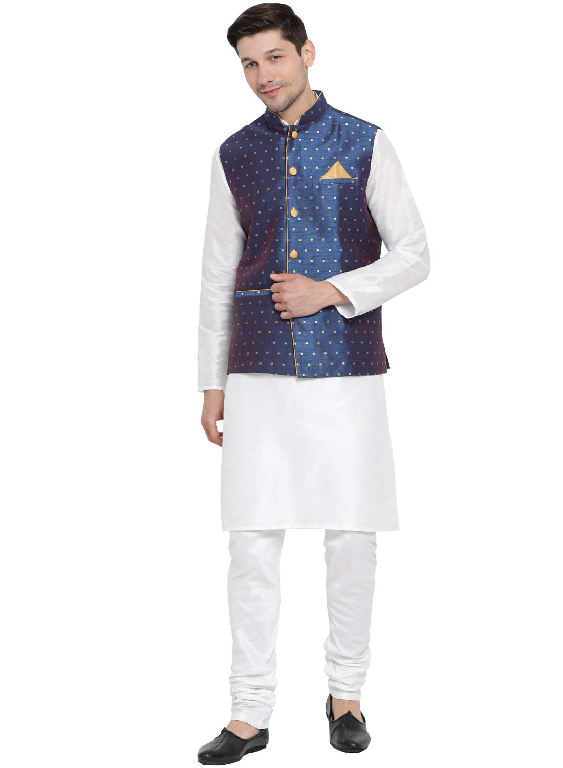 Men's Beige Cotton Silk Blend Kurta, Ethnic Jacket and Pyjama Set-image-18