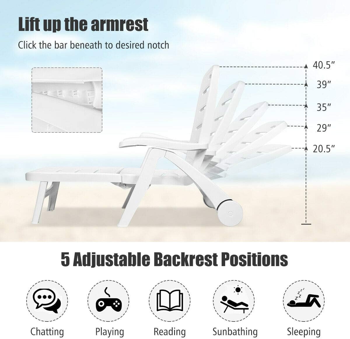HAPPYGRILL Foldable Patio Chaise Lounge Chair with Wheel, Lightweight Plastic Chaise Lounge for Outdoor Patio Poolside