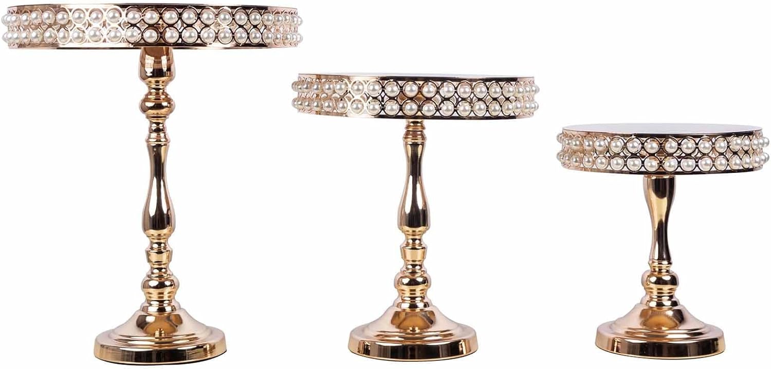 BalsaCircle 3 pcs Gold Pearl Beaded Metal Cake Stands