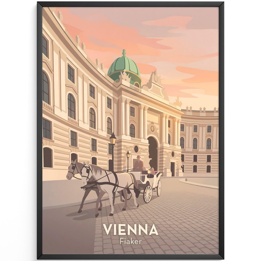 MJ-GRAPHICS® Poster Fiaker Kunstdruck Wien Architektur Wandbild klassisch Sonnenuntergang sanfte Töne Wohnzimmer Deko edel Zeichen Stadtgeschichte Bilder Vintage 50x70 mit schwarzem Rahmen