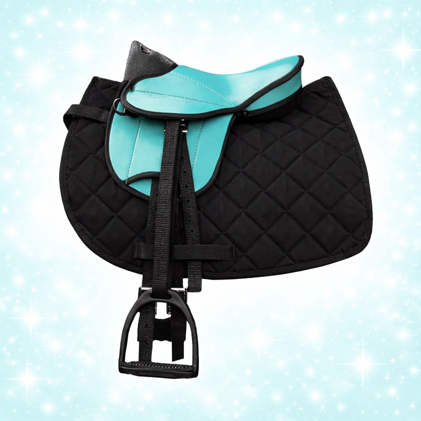 My Happy Pony Brama West Ensemble de selle pour cheval en bois | Selle pour shetty, cheval en bois et cheval en peluche | avec tapis de selle, sangle, étriers et étrivières (Turquoise/Noir)