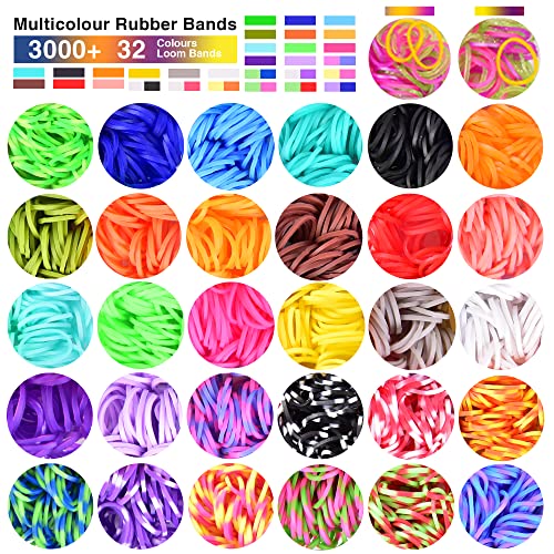 Elastici per Braccialetti 3000+ Kit Braccialetti Fai da Te Bambina 32 Colori con Gancetti Kit per Fare Braccialetti Elastic Color Telaio Colorati Bustine Accessori Gancini Crea Rainbow Loom Bands