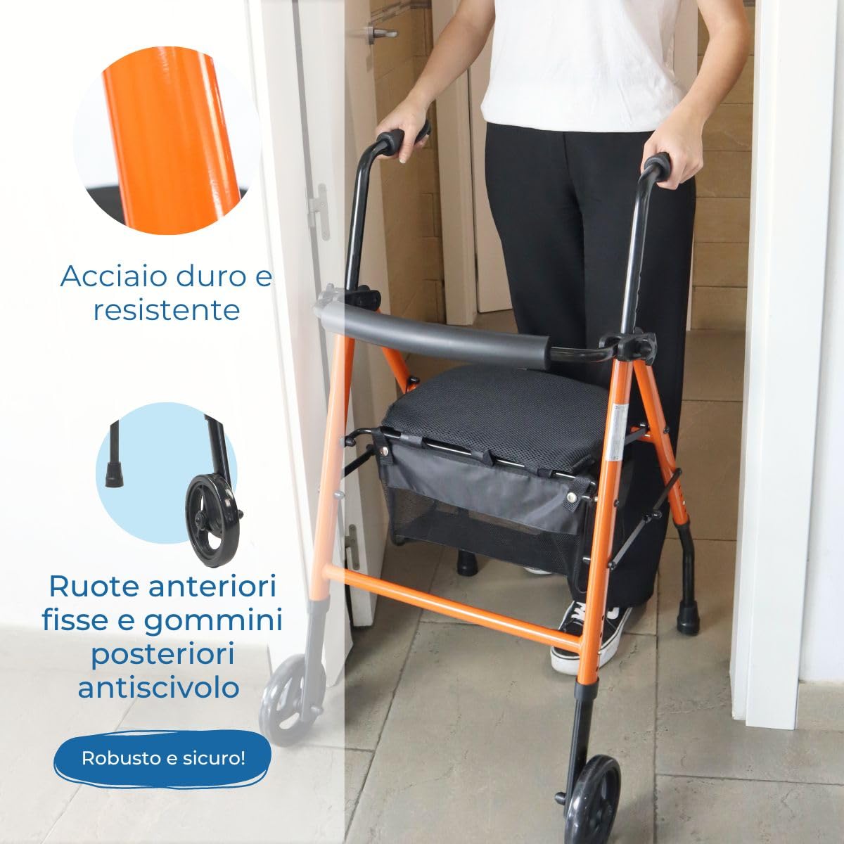 Mobiclinic®, Deambulatore per anziani, Nerón, Marchio europeo, Adulti o disabili, In acciaio, Leggero, Pieghevole, Con seduta, Cestino e 2 ruote, Colore arancione