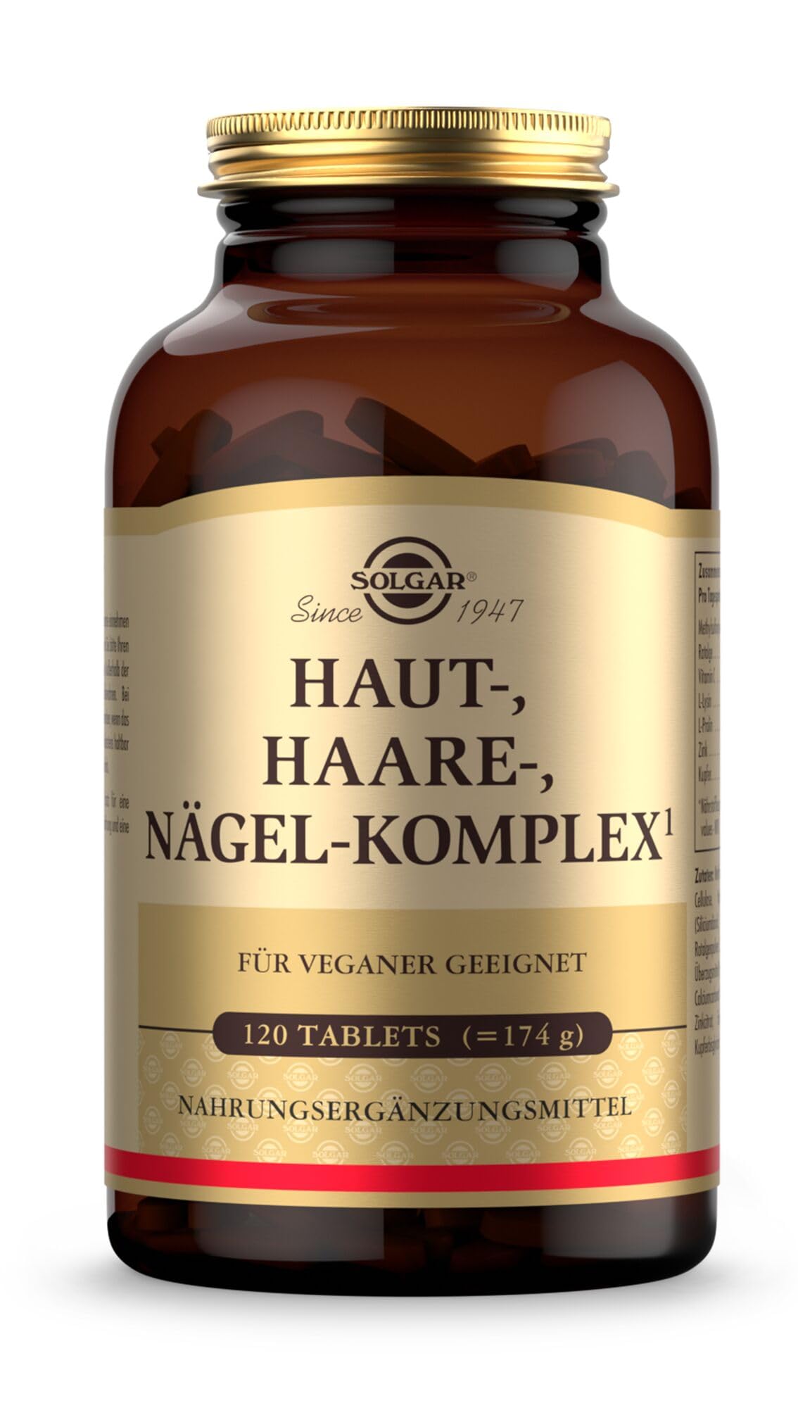SOLGAR® Haut-, Haare-, Nägel-Komplex | mit MSM, Rotalge, Vitamin C, Lysin, Prolin, Zink & Kupfer für Haare, Haut und Nägel | Einzigartige Formel mit patentiertem OptiMSM® | 120 Tabletten
